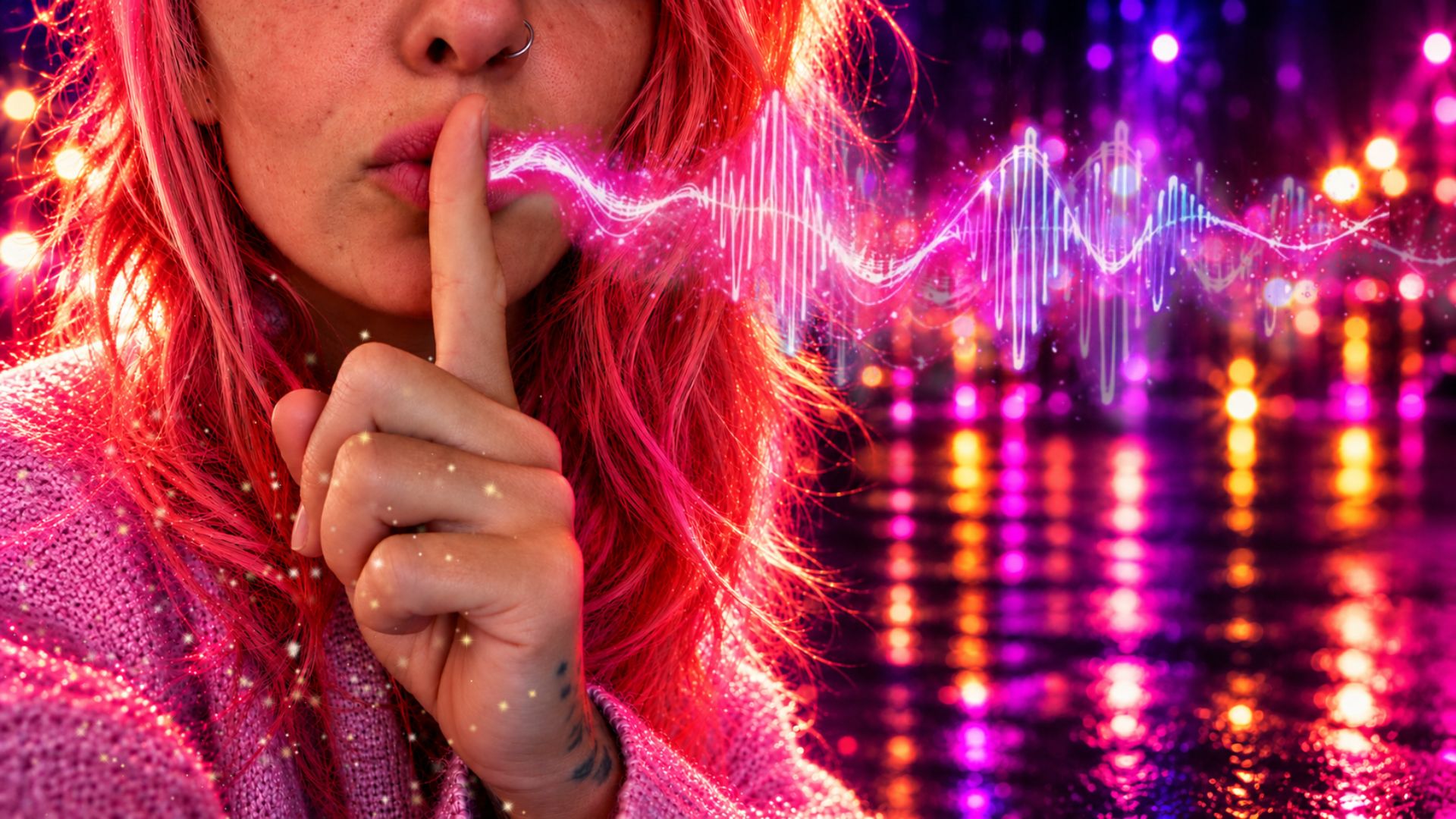 Sandra Barheine mit dem Finger auf den Lippen – Stille Post, der Podcast