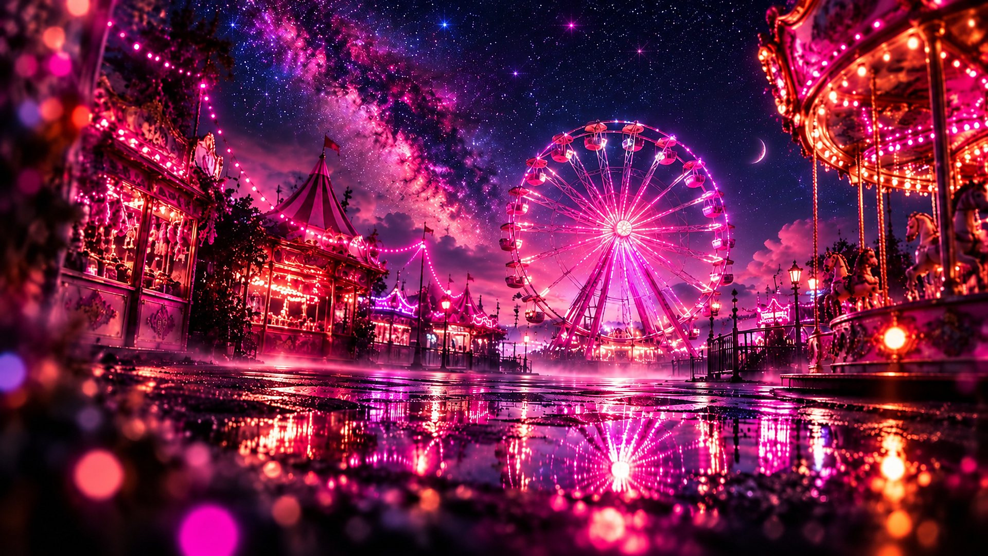 Leuchtender Jahrmarkt mit Riesenrad und Karussell unter dem Sternenhimmel, die Lichter spiegeln sich im nassen Boden